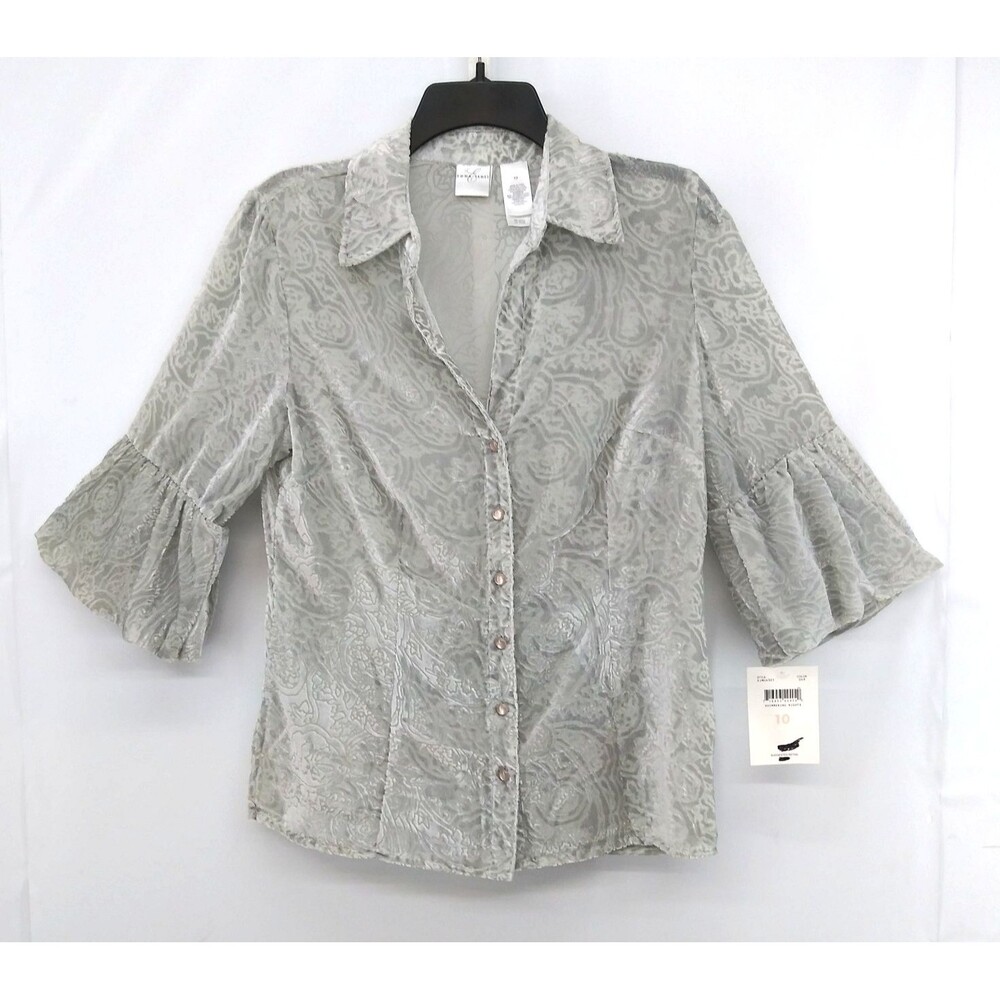 Emma James Blouse Women Size 10 Silver Velour Bell Sleeve Sheer Button Up NWT